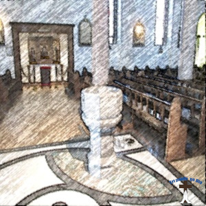 Baptismal font in the nave of Foxrock church.