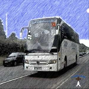 Glendalough white single deck bus near Cabinteely.