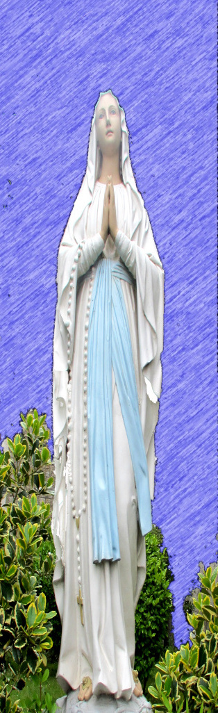 Statue of the Virgin Mary with blue and white robes.