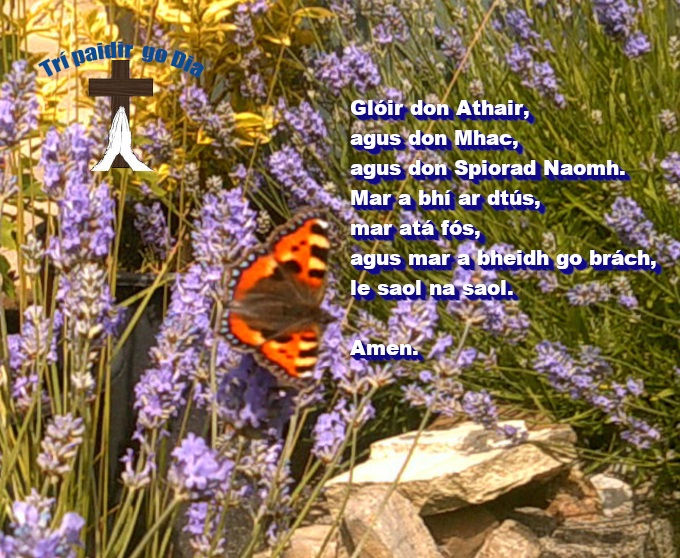 Butterfly flowers and stones image with text in Irish.